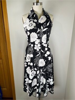 VTG DBY Ltd Black and White Floral Midi Halter Dress Cotton Size 5/6